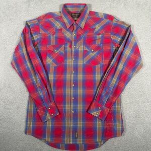 Wrangler Retro Shirt Mens XLT Red Blue Plaid Pearl Snap Western Cowboy Rodeo‎